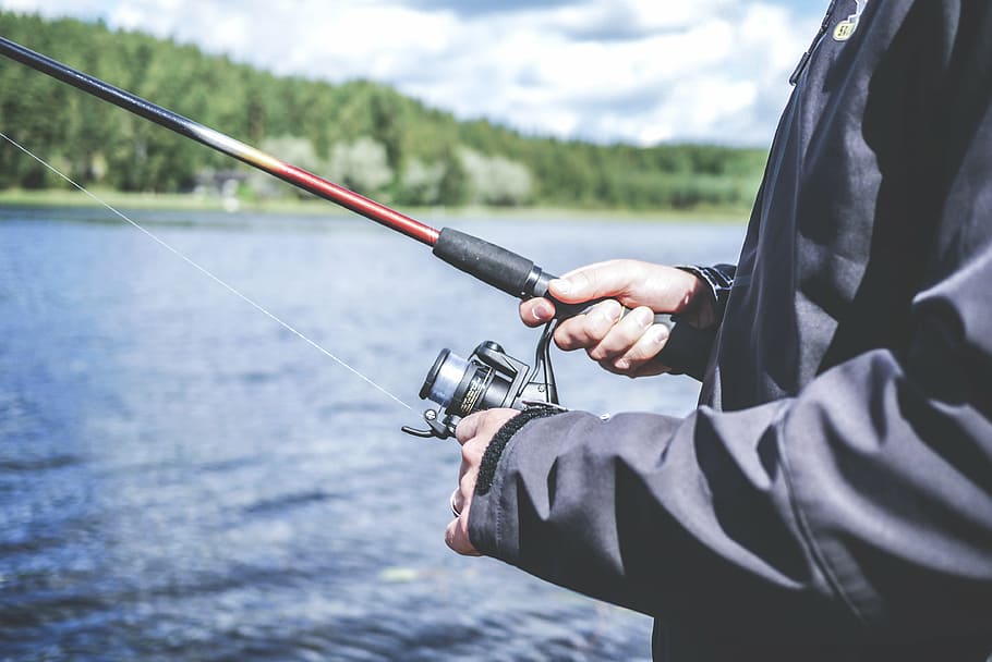 person, using, fishing rod, lake, blue, water, grass, outdoor, nature, mountain