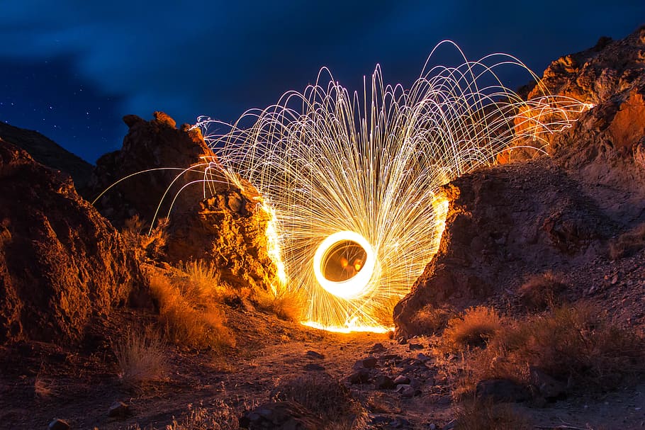steel wool photography, rocks, fireworks, night, celebration, new, year, party, event, light