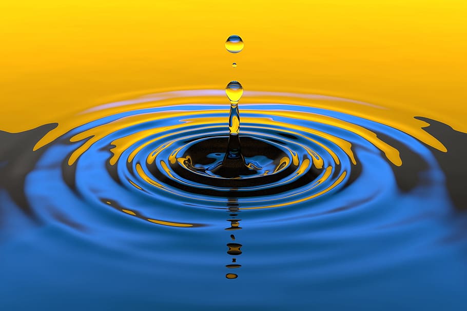 水滴スプラッシュ, 黄色, 青, 水滴, スプラッシュ, 黄色と青, 自然, 抽象, 穏やか, 液体