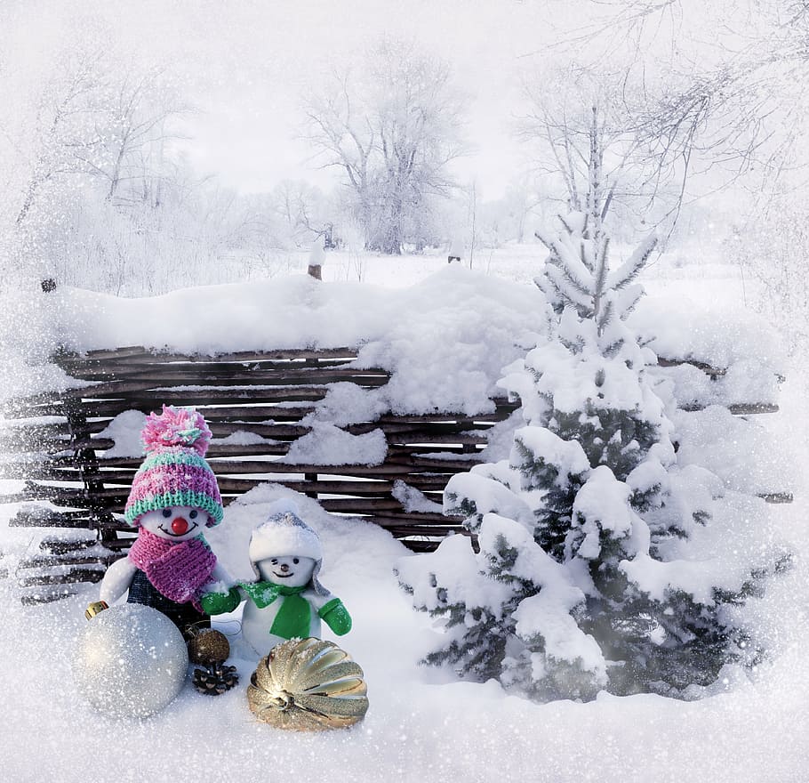 two, snowmen, snowy, tree, snow, winter, new year, christmas, company, toys