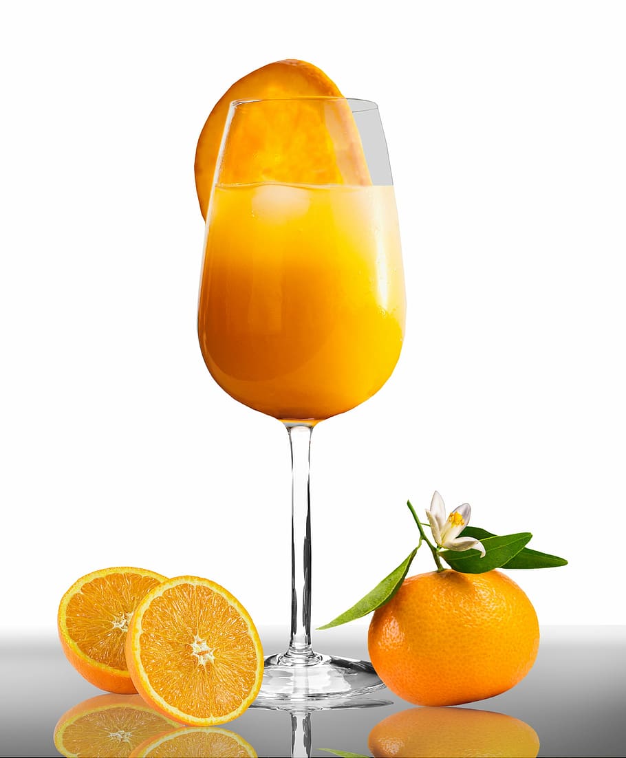 jeruk, buah, di samping, bening, batang panjang, gelas anggur, makanan, makan, minum, jus jeruk