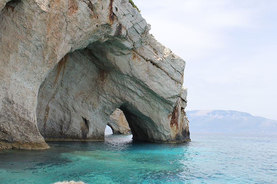 gray, rocky, mountain, body, water, daytime, cave on the water, zakynthos, greece, sea