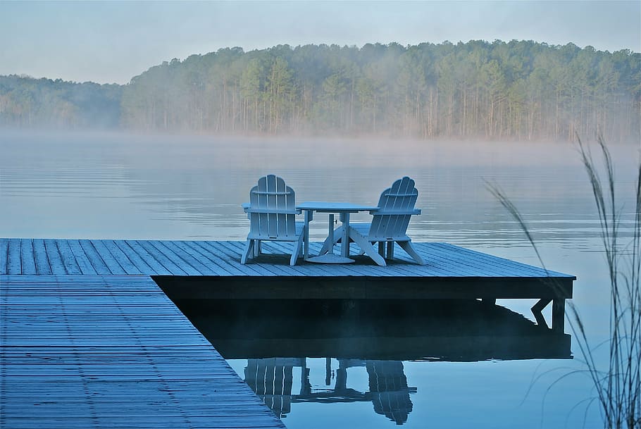 two, white, wooden, adirondack chairs, dock, lake, relax, sun, umbrella, water