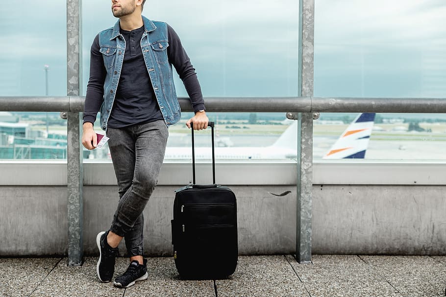 Male, tourist, standing, outdoor, airport, luggage, bag, board, boy, bus