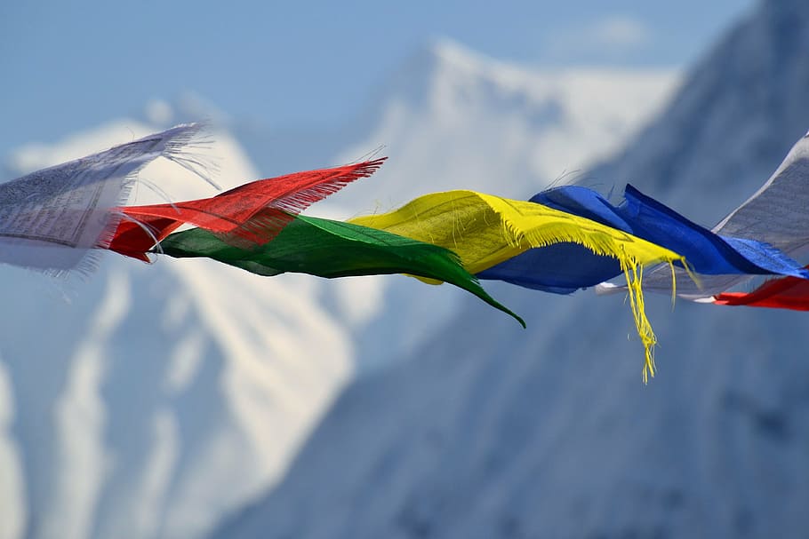 assorted-color sheets, overlooking, white, snow, covered, mountains, tibetan prayer flags, flags, color, mountain