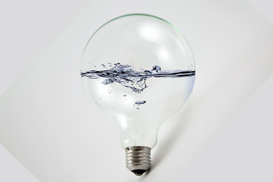 clear, light bulb illustration, water, light bulb, photoshop, studio shot, single object, white background, indoors, electricity