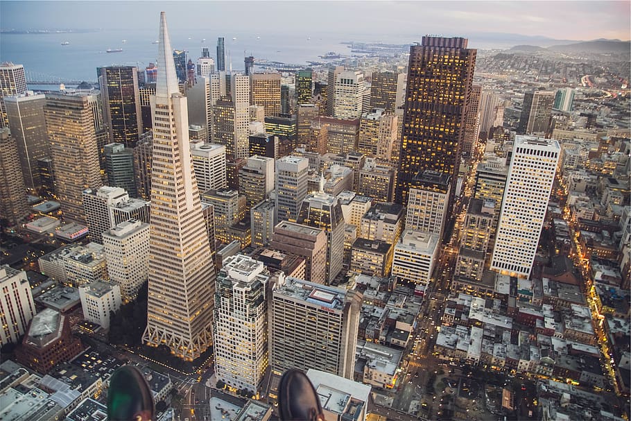 San Francisco, edifícios, torres, arranha-céus, telhados, arquitetura, aérea, vista, cidade, urbano