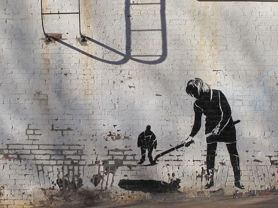 white, brick wall, painted, person, holding, shovel, graffiti, drawing, asheville, usa