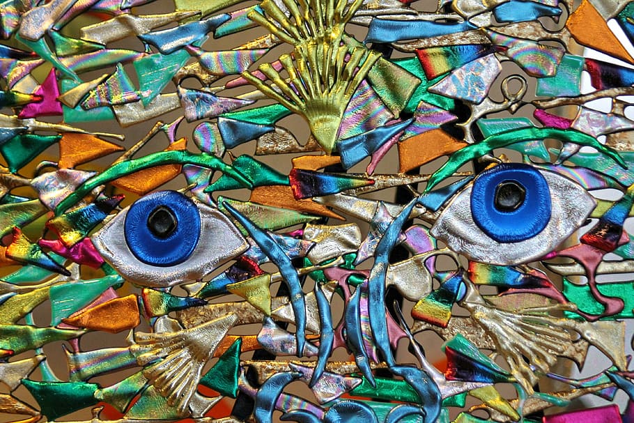 optical illusion painting, artwork, clay, face, eyes, color, abstract, multi Colored, full frame, art and craft