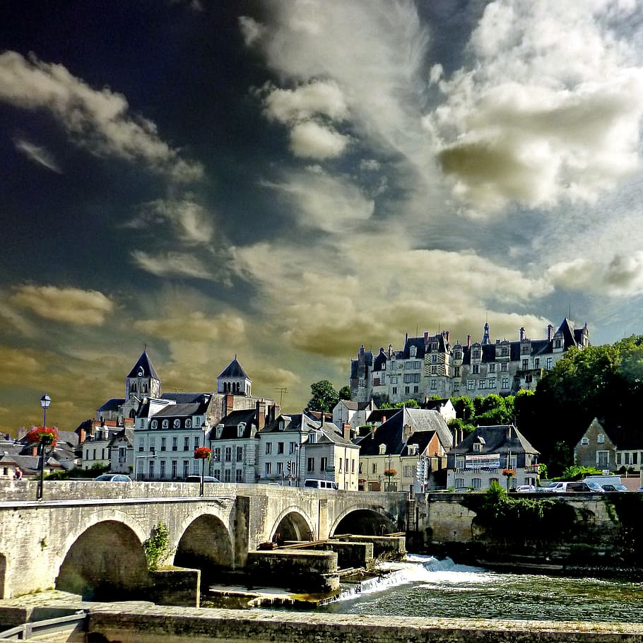 Aignan, sur, Cher, França, foto, casas, edifícios, ponte, estrutura construída, arquitetura