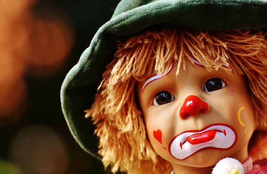 clown doll, doll, clown, sad, colorful, sweet, funny, toys, children, cute