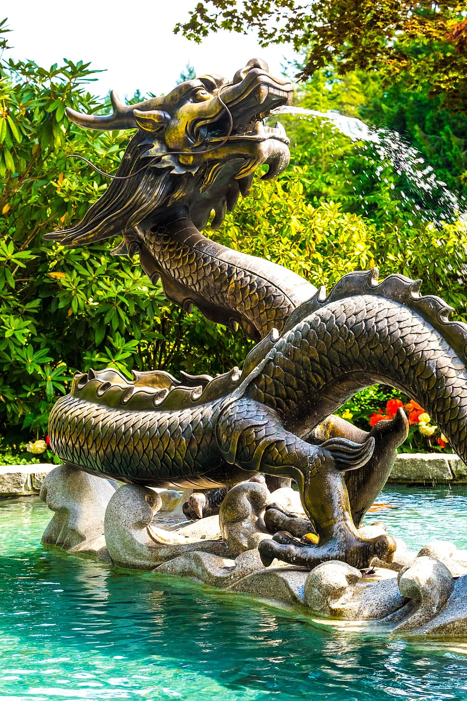 fuente, dragón, jardín, agua, estatua, cantonés, chino, escultura, arte y artesanía, día