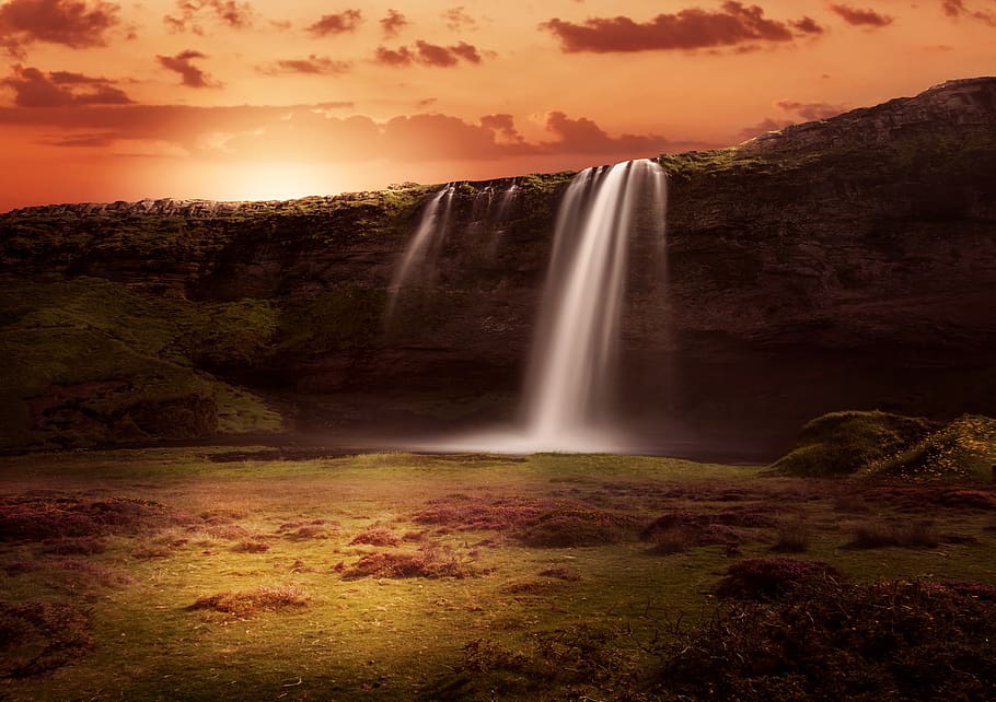 waterfall, rock, sunrise, grass landscape, clouds, lighting, background, atmosphere, photo manipulation, empty