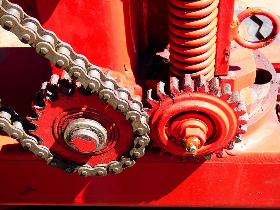string, pine nuts, links, rural machinery, red, metal, chain, close-up, machinery, protection