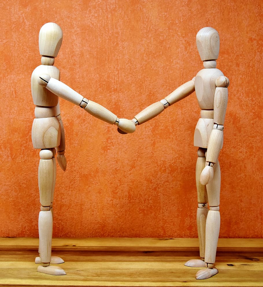 two, brown, wooden, mannequin, holding hands, handshake, helping hand, shaking hands, friendship, welcome