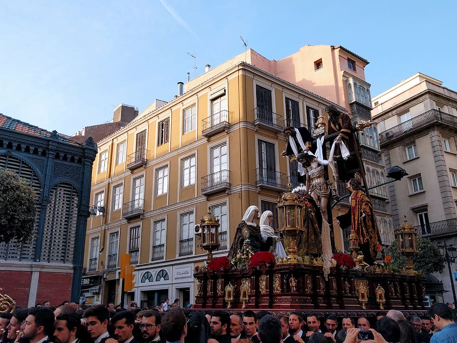 descent, malaga, good friday, easter, 2017, tradition, architecture, building exterior, group of people, crowd
