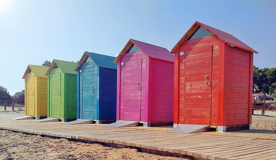 cinco, multicolorido, ao ar livre, cabines de banheiro, praia, mar, costelas, sol, armários, mediterrâneo