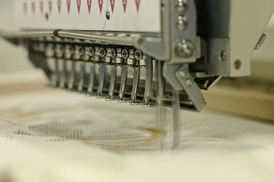 gray, white, sewing machine, embroiderer, sewing, cloth, tissue, manufacturing, production, machine