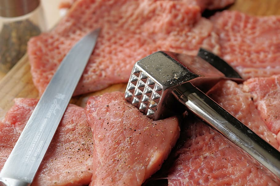 gray, kitchen knife, pork puncher, knife, meat hammer, meat tenderizer, schnitzel, meat, raw, food