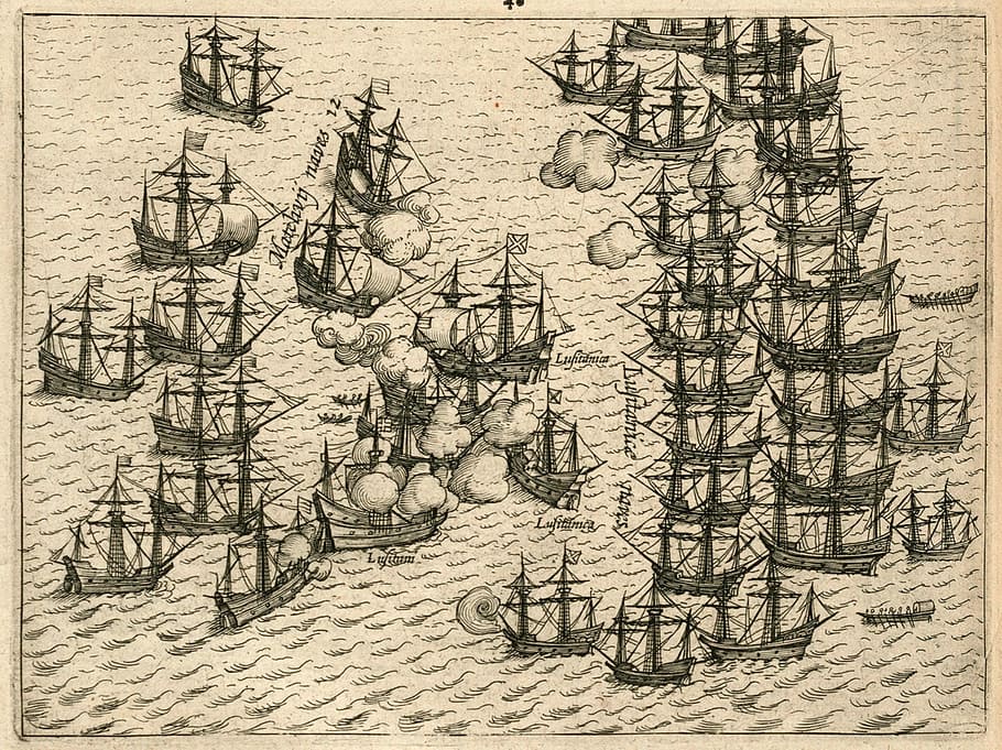 battling, 1606, Dutch, Portuguese, battle, photos, Navy, public domain, warships, illustration