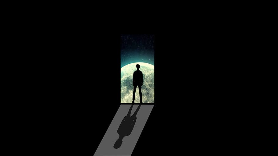 silhouette, man, digital, wallpaper, moon, alone, door, path, night, dark