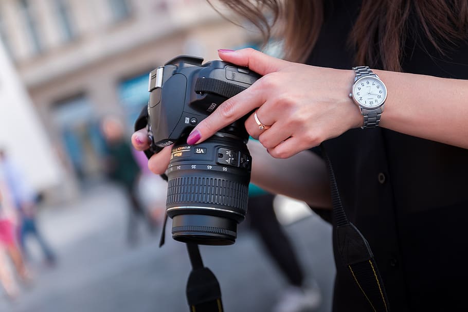 preto, câmera, lente, fotografia, acessório, fotógrafo, menina, mulher, relógio, anel
