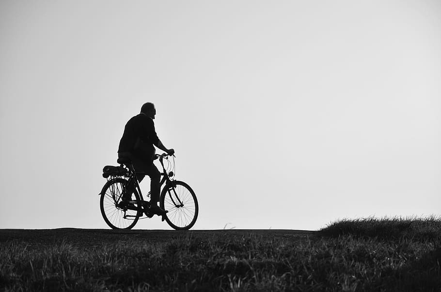 sepeda, pengendara sepeda, bersepeda, jalan, pria, orang, siluet, outdoor, satu orang, lapangan