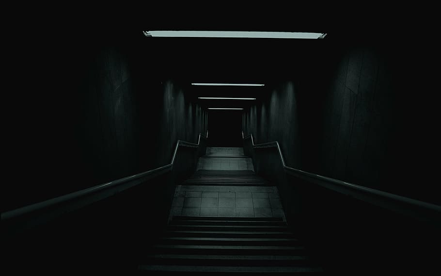 escadas, levando, em direção, escuro, caminho, escada, trevas, mistério, amanhecer escadas, corredor