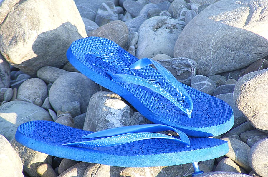 pair, blue, flip-flops, rocks, sandals, flip flops, sea, sassi, beach, water