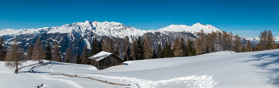 panorama, winter, landscape, graubünden, switzerland, feldis, snow, mountains, snowy, alm