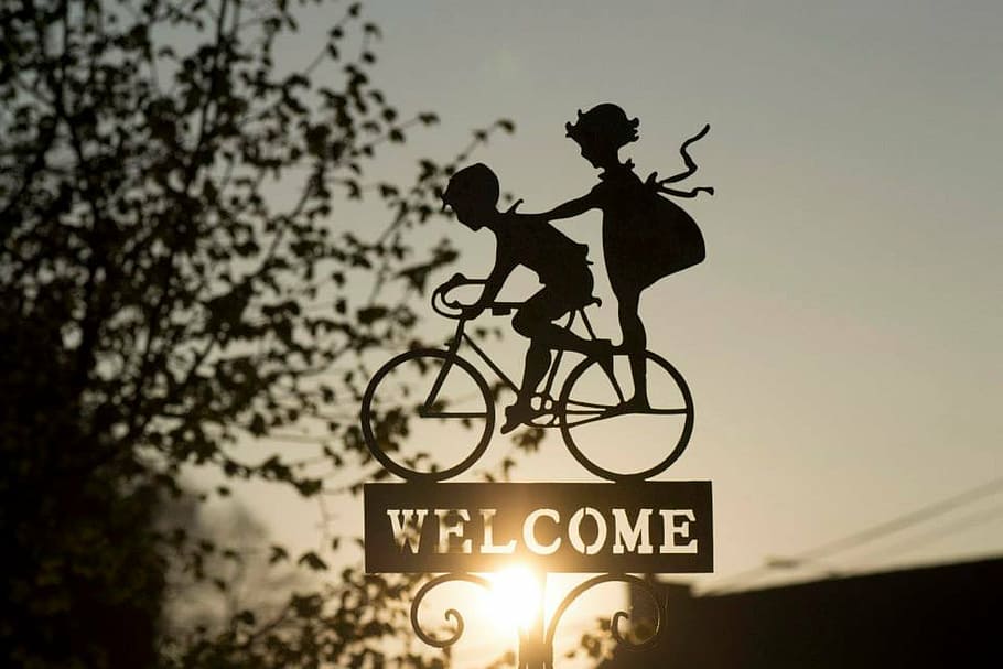 silhouette, two, children, bike, welcome, sign, sun, decoration, garden, child