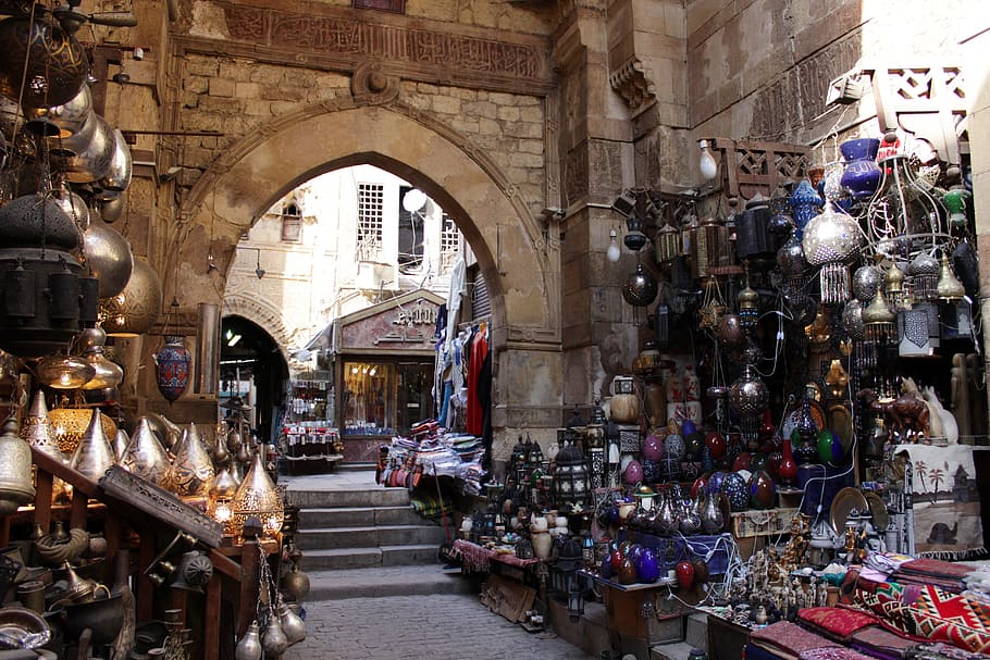lote de decoração variada, egito, cairo, bazar, oriental, mercado, árabe, antiga, arquitetura, egípcio