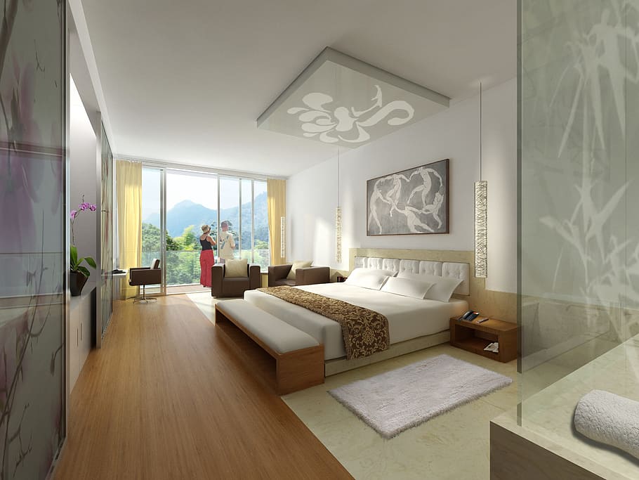 brown, wooden, bed frame, mattress, interior, hotel, rendering, visualization, architecture, visualization 3d