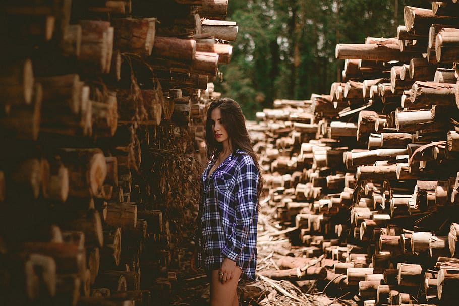 woods, woman, girl, lady, model, fashion, style, logs, brown, trees