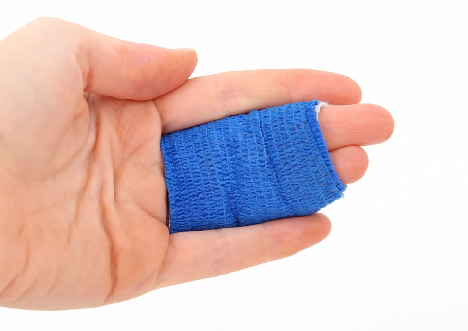 person, blue, bandage, two, fingers, accident, aid, band, bleed, bone