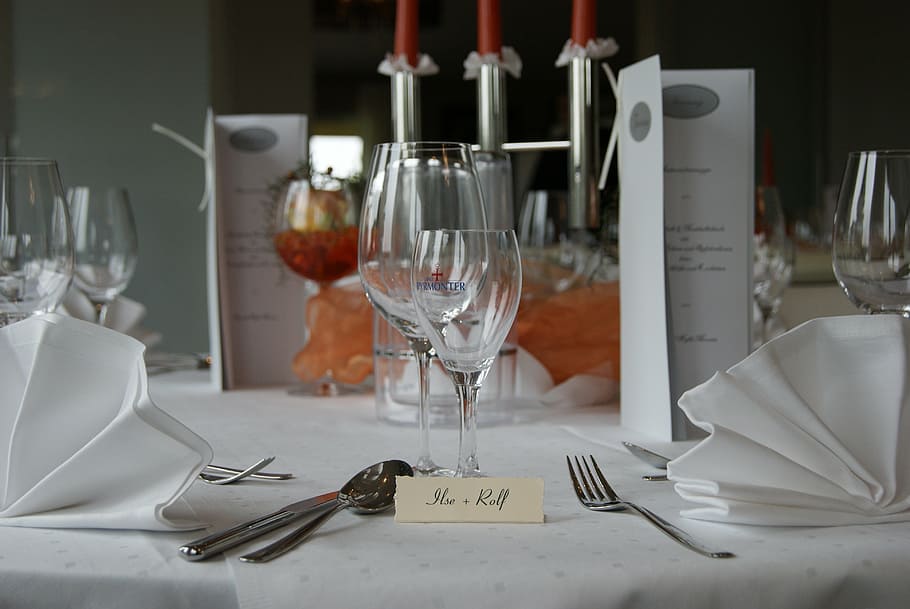 gastronomy, hotel, serving, commercial, glasses, table decoration, table, napkin, silverware, restaurant