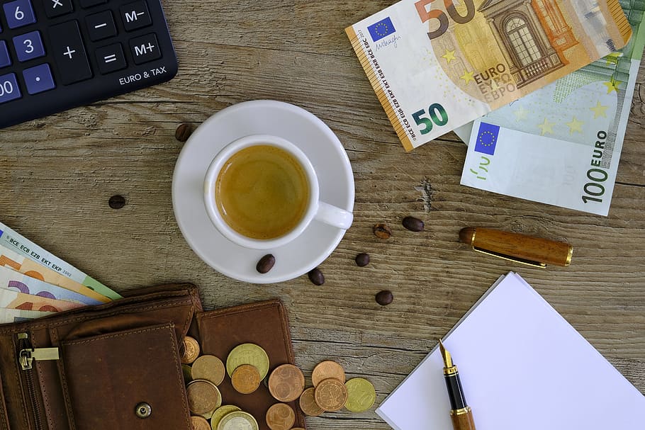 money, bank note, coins, euro, purse, calculator, count, desktop computer, coffee, espresso