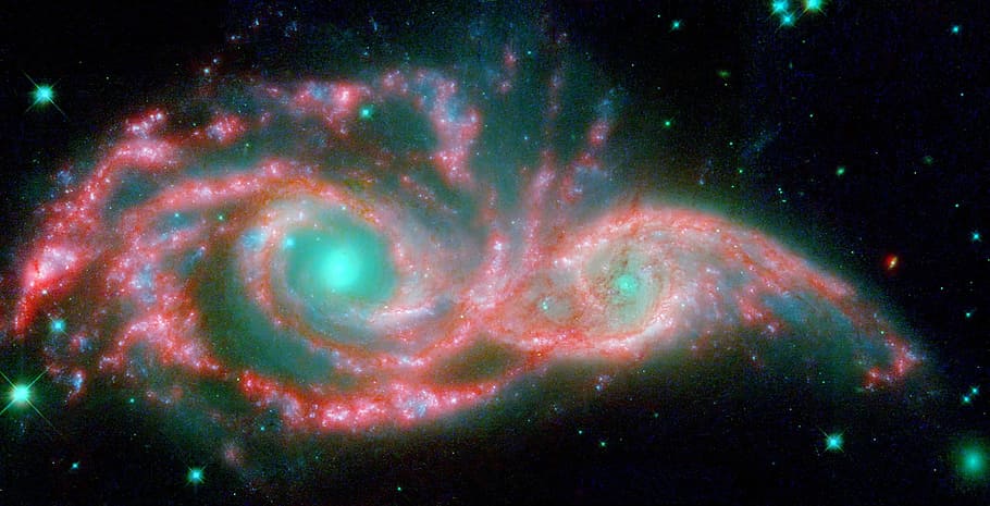 galaxy digital wallpaper, orange, white, teal, stars, ngc 2207, spiral galaxy, light year, gravitation, galaxy
