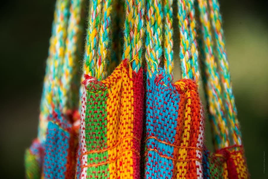 close-up photo, multicolored, knitted, textile, hammock, tie, rope, relax, holidays, color