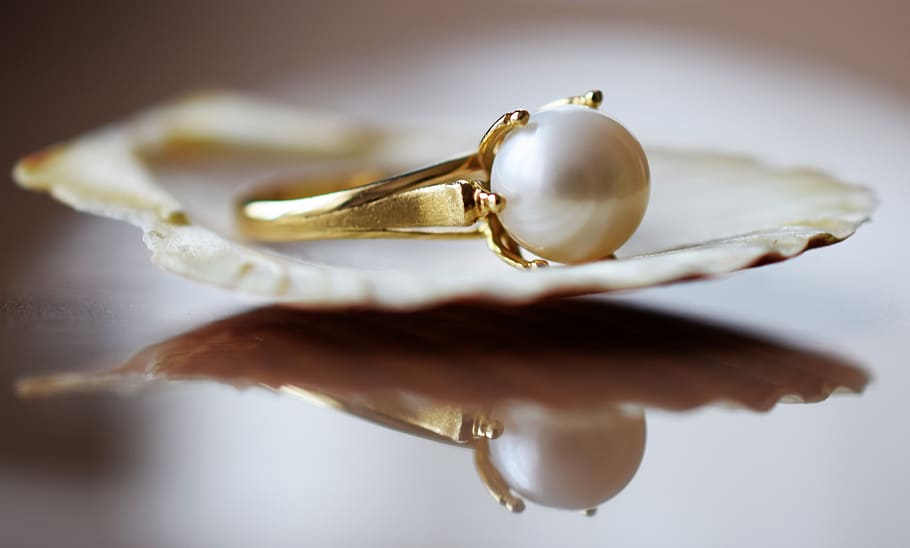 cincin berwarna emas, putih, mutiara, kerang, perhiasan, cincin, emas, mode, kecantikan, bersinar