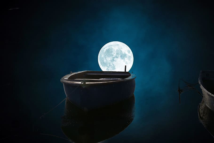 rowboat, body, water, full, moon illustration, boat, fishing, contrast, reflection, peace of mind