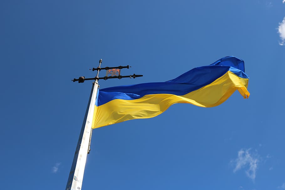 bendera, ukraina, langit, biru, angin, patriotisme, lingkungan Hidup, tampilan sudut rendah, kuning, tiang