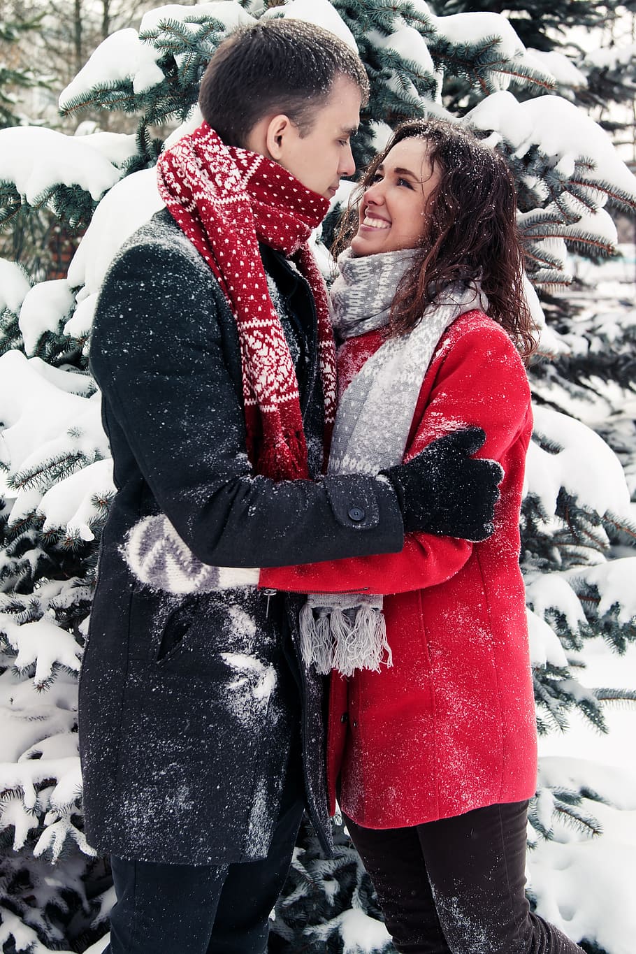 man, woman, facing, love, tenderness, couple, sweethearts, boy and girl, winter, snow