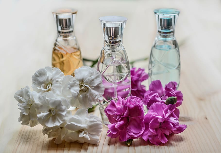 three, assorted-scent fragrance bottles, perfume, bottle, glass, cosmetics, fragrance, perfume bottle, spray, container