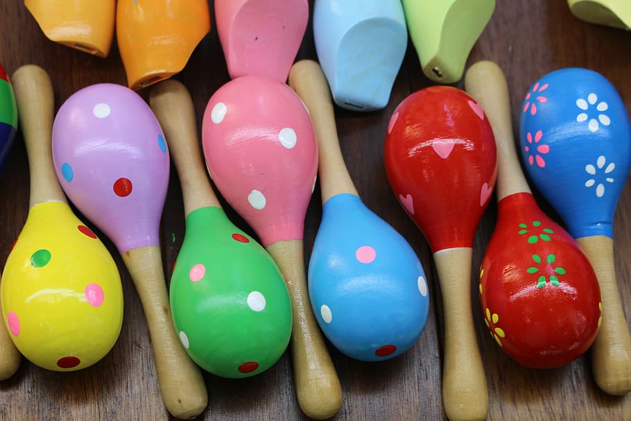 assorted, maracas, table, toys, colorful, rattle, colored, color, music, multi colored