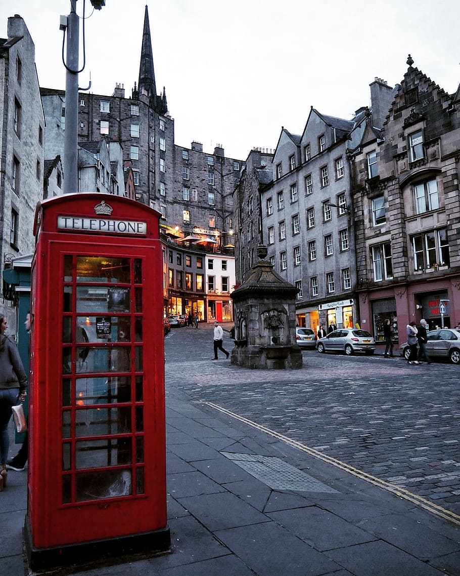 Edimburgo, teléfono rojo, cabina telefónica, Escocia, cabina telefónica roja, calle, arquitectura, punto de referencia, famoso, comunicación