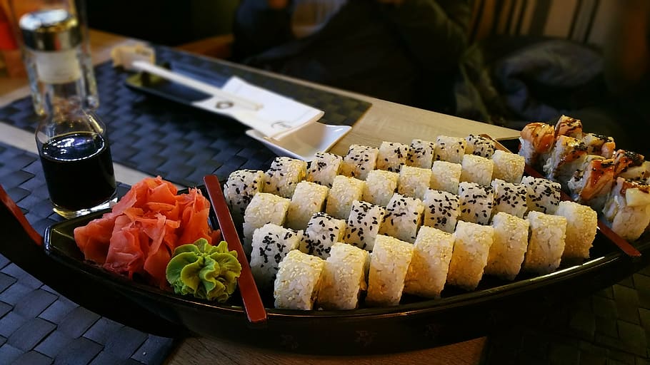 nigiri dish, placed, top, table, sushi, maki, asian, roll, assortment, platter
