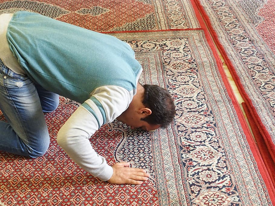hombre, arrodillado, alfombra de área, oración, islam, Irán, musulmán, religión, personas reales, en interiores