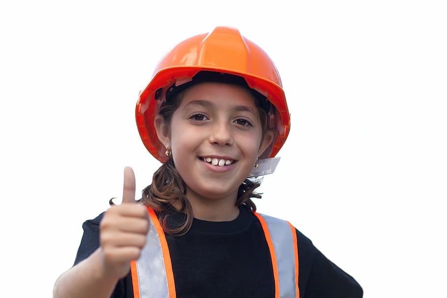 girl, wearing, orange, hard, hat, thumbs, right hand, worker, little girl, yard safety