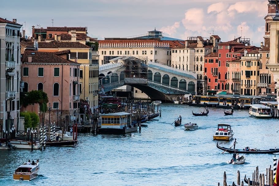 putih, perahu, badan, air, Venesia, Italia, jembatan rialto, kanal besar, eropa, perjalanan